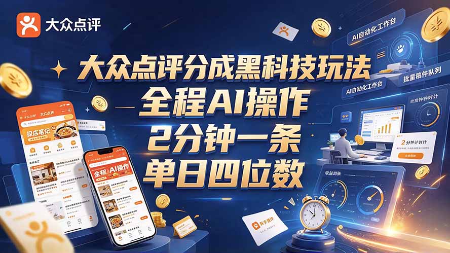 大众点评分成全网独家玩法，AI 全自动出内容，2 分钟一条，小白可冲单日四位数网赚项目-副业赚钱-互联网创业-资源整合老八网赚资源