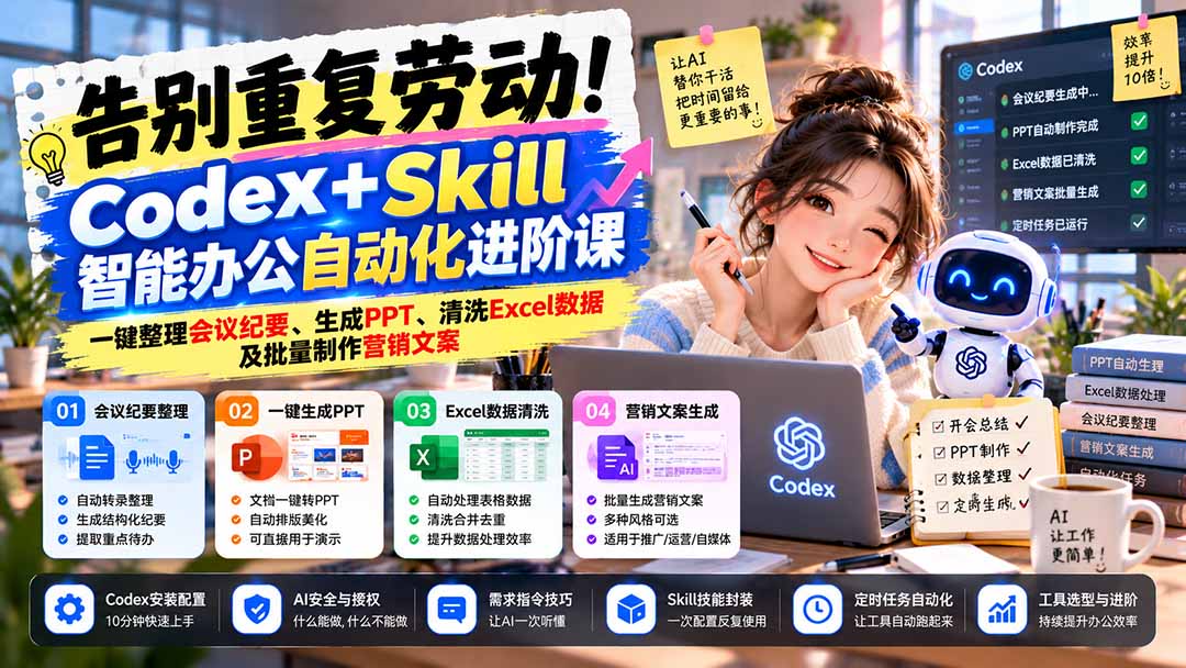 53fc0cde4c2129cfa5c4c7871f6fb0e0.jpeg 告别重复劳动!Codex+Skill智能办公自动化进阶课:一键整理会议纪要、生成PPT、清洗Excel数据及批量制作营销文案