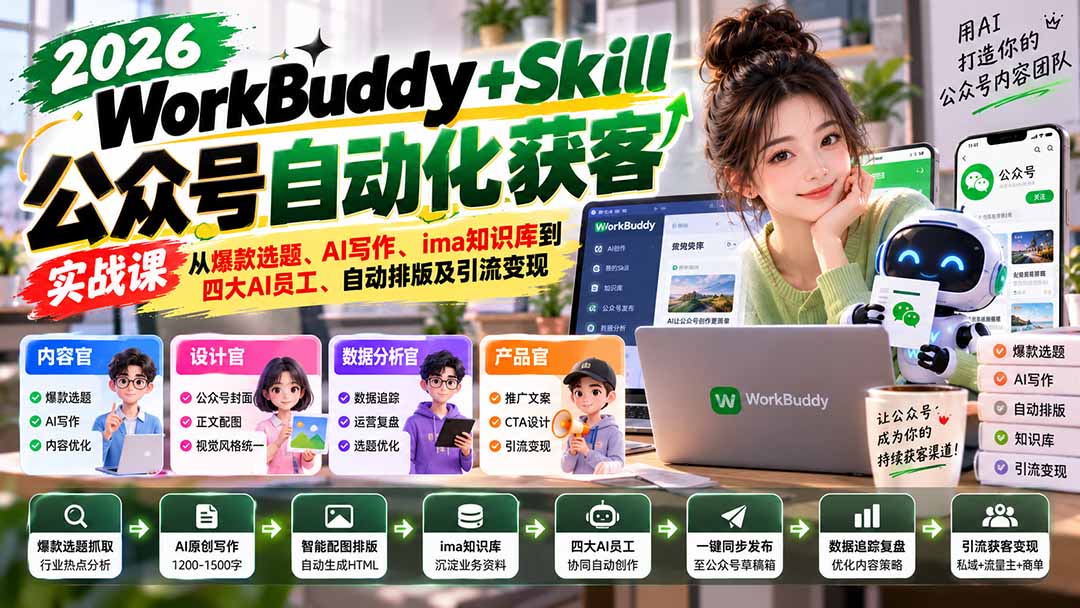 WorkBuddy + Skill公众号自动化获客实战课：从爆款选题、AI写作、ima知识库到四大AI员工、自动排版及引流变现网赚项目-副业赚钱-互联网创业-资源整合老八网赚资源