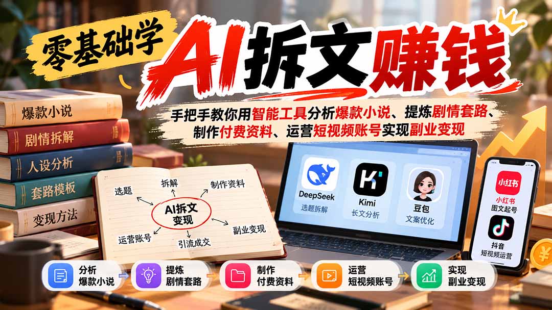 零基础学AI拆文赚钱：手把手教你用智能工具分析爆款小说、提炼剧情套路、制作付费资料、运营短视频账号实现副业变现网赚项目-副业赚钱-互联网创业-资源整合老八网赚资源
