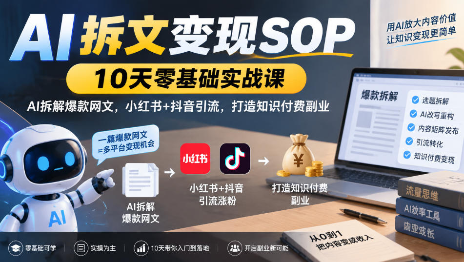 AI拆文变现SOP｜10天零基础实战课，AI拆解爆款网文，小红书+抖音引流，打造知识付费副业网赚项目-副业赚钱-互联网创业-资源整合老八网赚资源