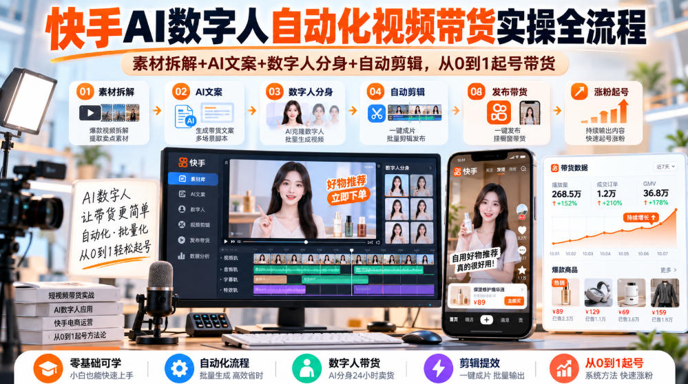 快手AI数字人自动化视频带货实操全流程｜素材拆解+AI文案+数字人分身+自动剪辑，从0到1起号带货(更新26年)网赚项目-副业赚钱-互联网创业-资源整合老八网赚资源