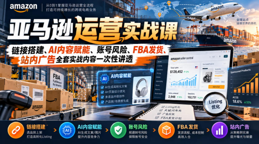 0420d6c8e670ced3c622111e7c3ac76a.jpeg 亚马逊运营实战课,链接搭建、AI内容赋能、账号风险、FBA发货、站内广告全套实战内容一次性讲透