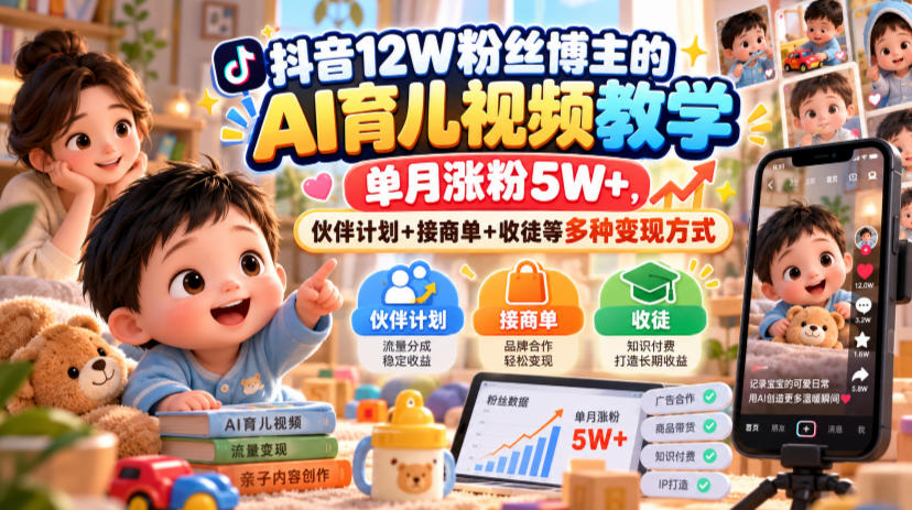 375d1d077e55d12971f4068045f78400.jpeg 抖音12W粉丝博主的AI育儿视频教学,单月涨粉5W+,伙伴计划+接商单+收徒等多种变现方式