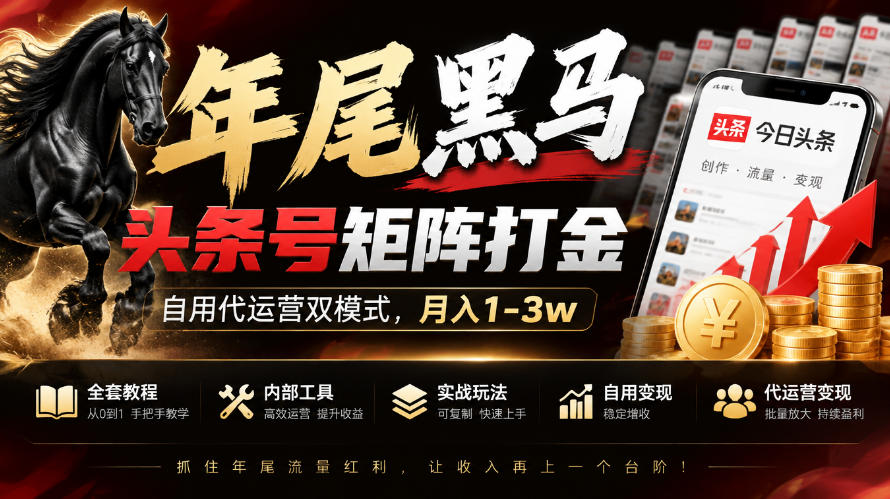 【年尾黑马】头条号矩阵打金，自用代运营双模式，月入1-3w，附全套教程及内部工具【揭秘】网赚项目-副业赚钱-互联网创业-资源整合老八网赚资源