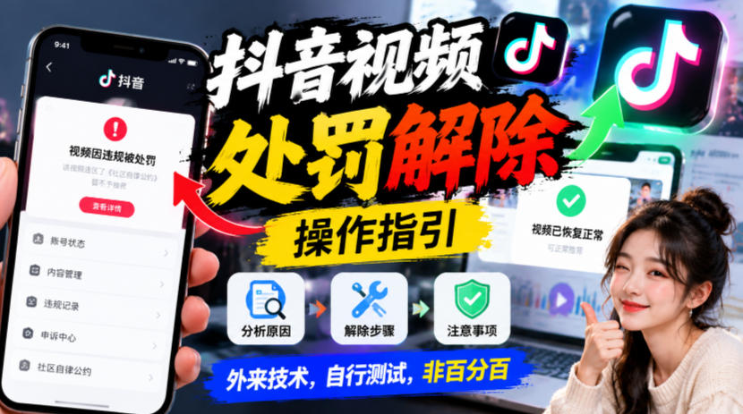 抖音视频处罚解除操作指引，外来技术，自行测试，非百分百网赚项目-副业赚钱-互联网创业-资源整合老八网赚资源