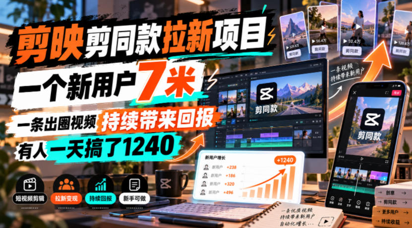 剪映剪同款拉新项目，一个新用户7米，一条出圈视频持续带来回报，有人一天搞了1240网赚项目-副业赚钱-互联网创业-资源整合老八网赚资源