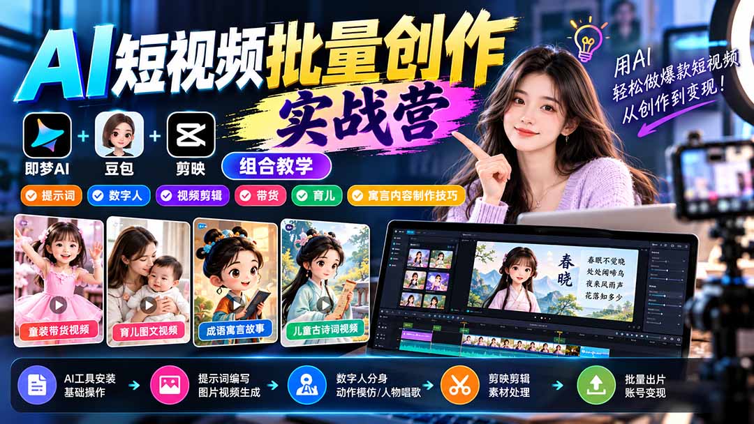 【无水印】AI短视频批量创作实战营：即梦+豆包+剪映组合教学，提示词/数字人/视频剪辑/带货/育儿/寓言内容制作技巧网赚项目-副业赚钱-互联网创业-资源整合老八网赚资源