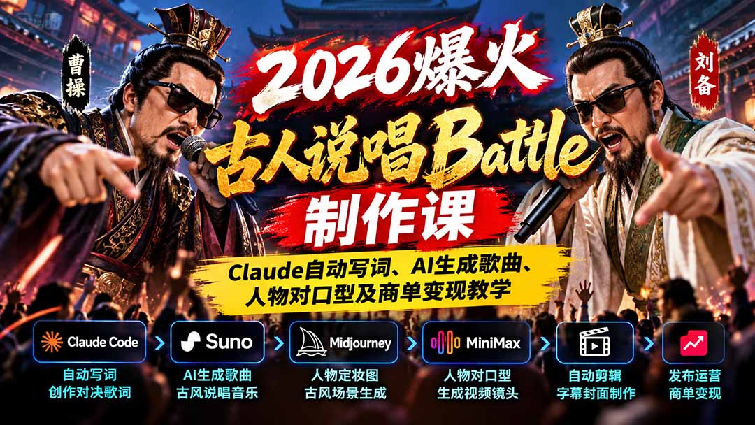 2026爆火古人说唱Battle制作课：Claude自动写词、AI生成歌曲、人物对口型及商单变现教学网赚项目-副业赚钱-互联网创业-资源整合老八网赚资源