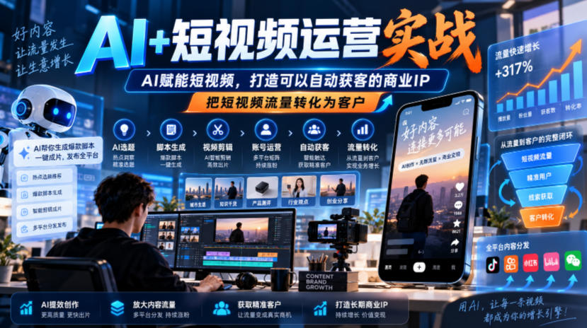 29787d7bcea272b94d6cc6be0947d337.jpeg AI+短视频运营实战,AI赋能短视频,打造可以自动获客的商业IP,把短视频流量转化为客户