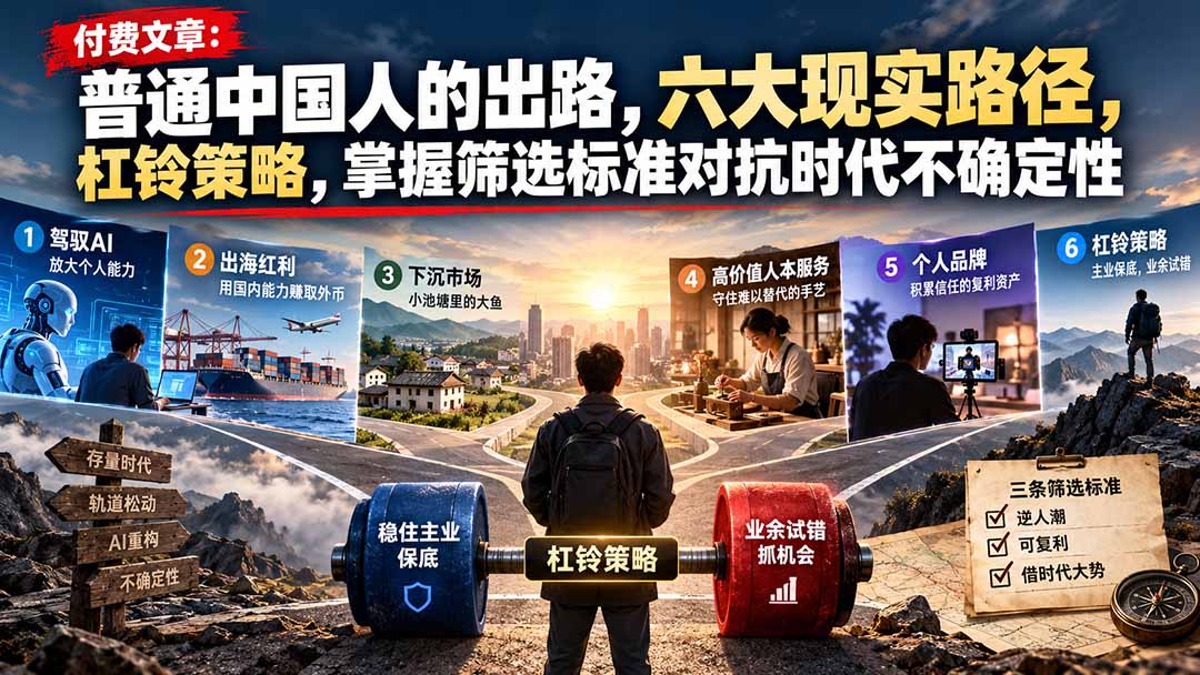 付费文章：普通中国人的出路，六大现实路径，杠铃策略，掌握筛选标准对抗时代不确定性