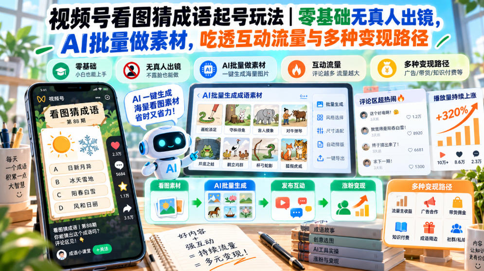 视频号看图猜成语起号玩法｜零基础无真人出镜，AI批量做素材，吃透互动流量与多种变现路径网赚项目-副业赚钱-互联网创业-资源整合老八网赚资源