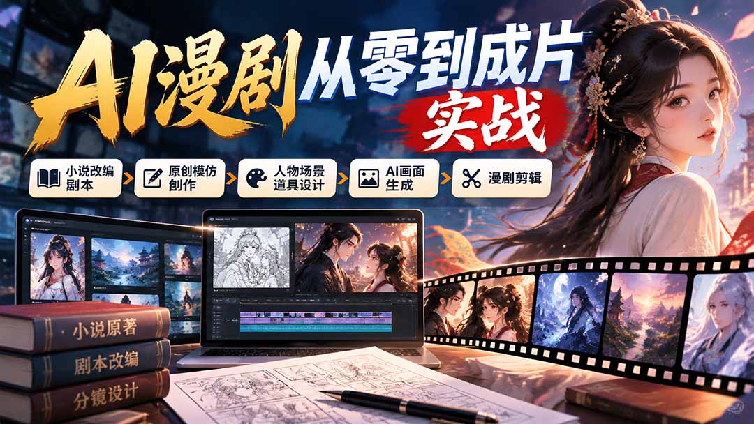 AI漫剧从零到成片实战：小说改编剧本、原创模仿创作、人物场景道具设计、AI画面生成与漫剧剪辑网赚项目-副业赚钱-互联网创业-资源整合老八网赚资源