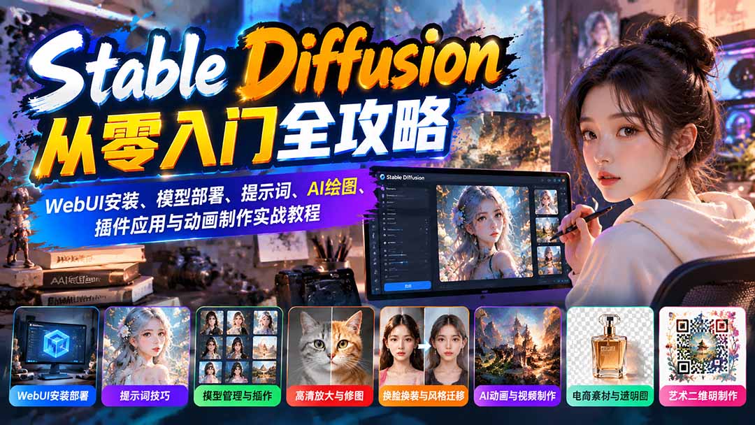 Stable Diffusion从零入门全攻略：WebUI安装、模型部署、提示词、AI绘图、插件应用与动画制作实战教程