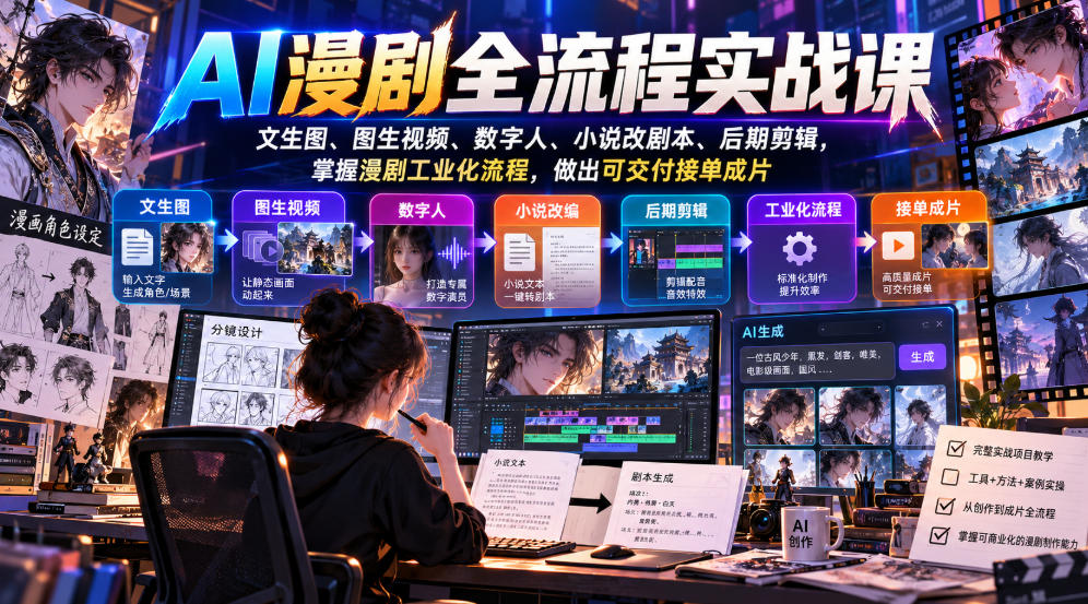 AI漫剧全流程实战课，文生图、图生视频、数字人、小说改剧本、后期剪辑，掌握漫剧工业化流程，做出可交付接单成片网赚项目-副业赚钱-互联网创业-资源整合老八网赚资源