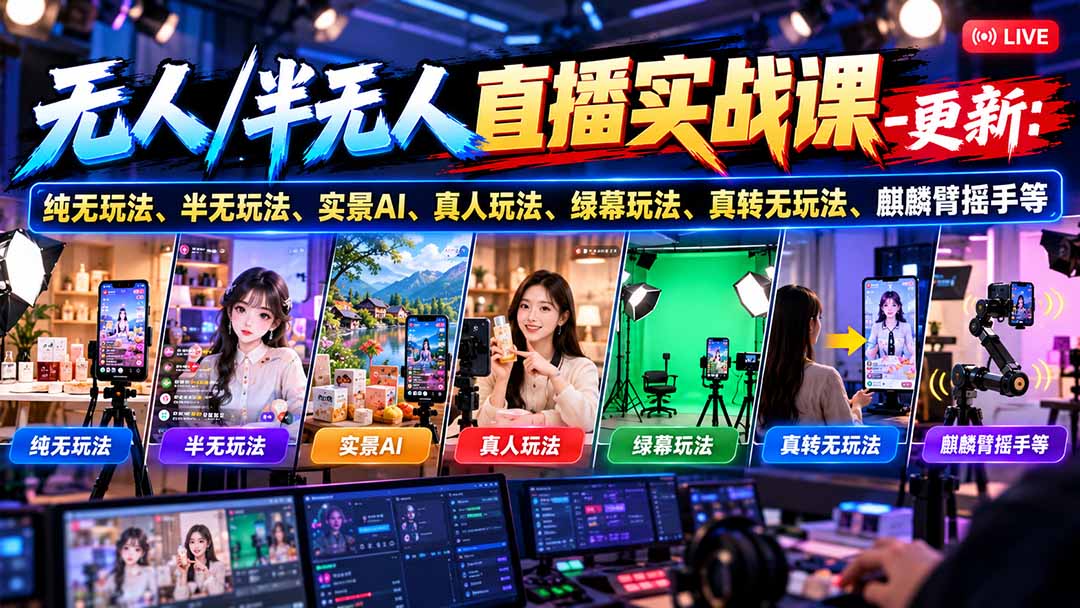 无人/半无人直播实战课-10月20更新：纯无玩法、半无玩法、实景AI、真人玩法、绿幕玩法、真转无玩法、麒麟臂摇手等网赚项目-副业赚钱-互联网创业-资源整合老八网赚资源