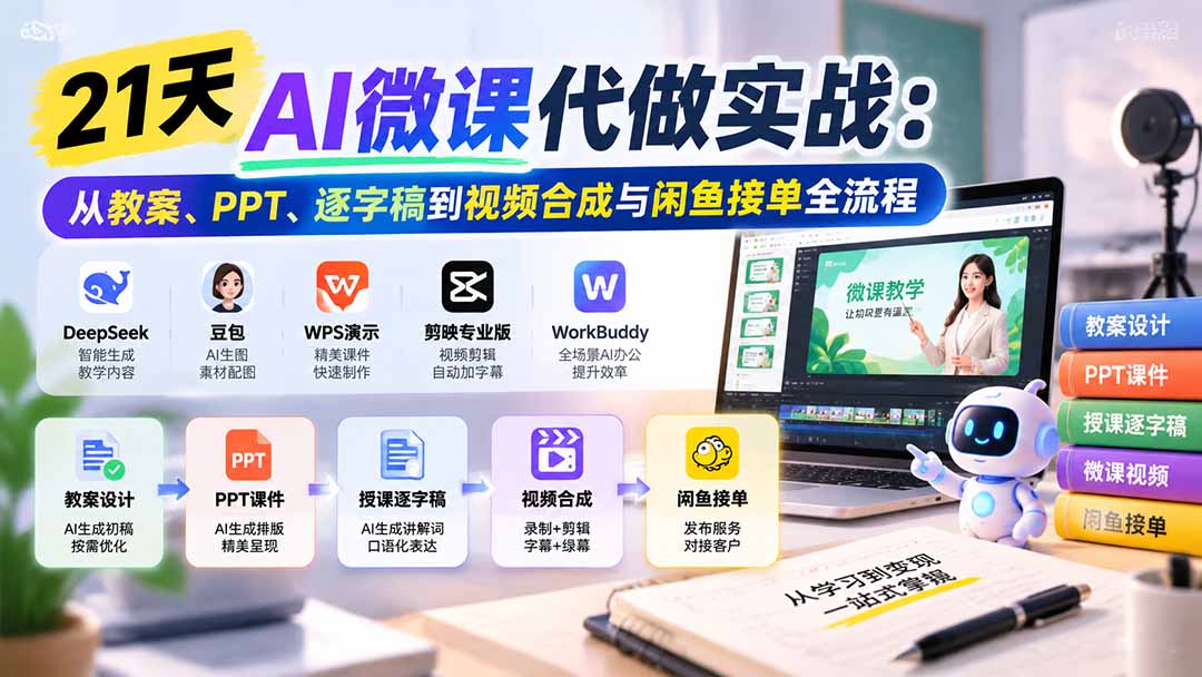 21天AI微课代做实战：从教案、PPT、逐字稿到视频合成与闲鱼接单全流程网赚项目-副业赚钱-互联网创业-资源整合老八网赚资源