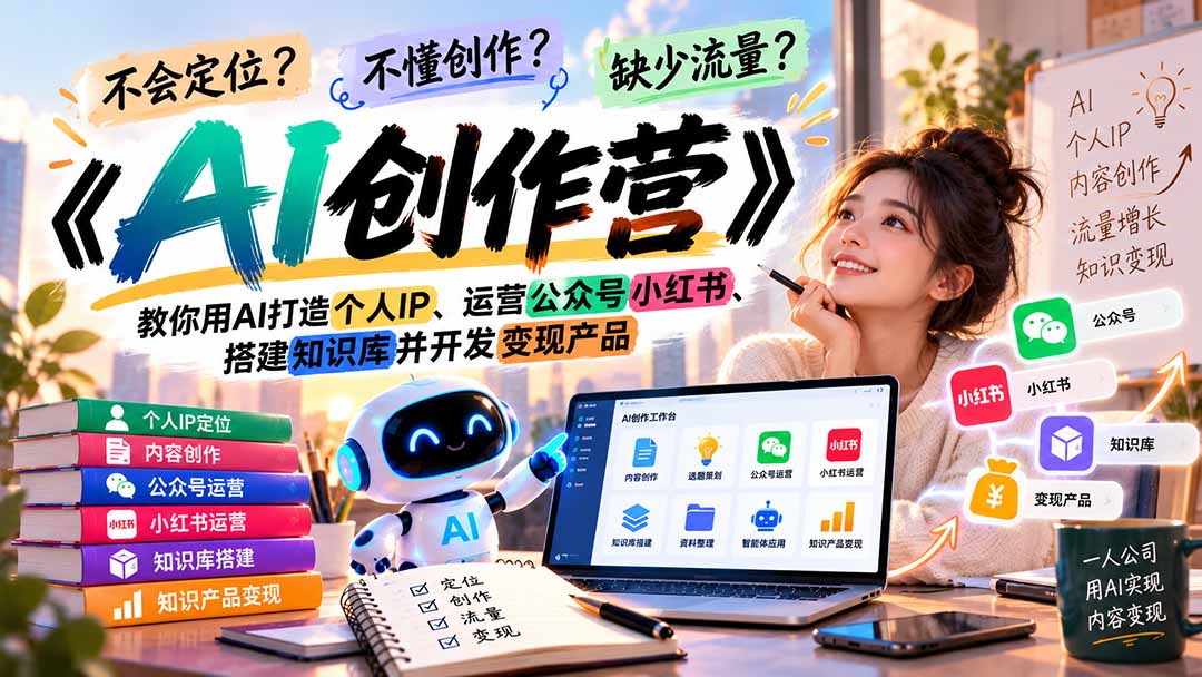 03f0285ea661647df4a5ae0874d0b63b.jpeg 不会定位、不懂创作、缺少流量?《AI创作营》教你用AI打造个人IP、运营公众号小红书、搭建知识库并开发变现产品