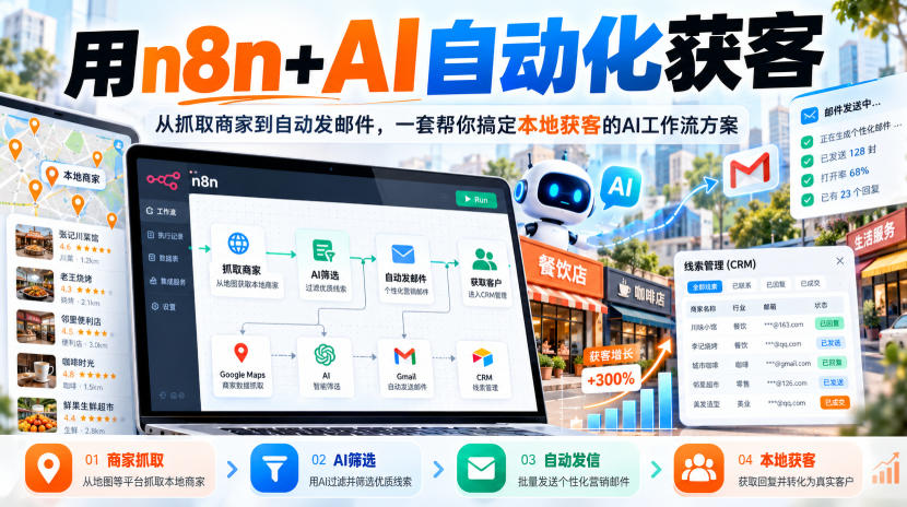 【无水印】用n8n+AI自动化获客，从抓取商家到自动发邮件，一套帮你搞定本地获客的AI工作流方案【原创双语字幕】网赚项目-副业赚钱-互联网创业-资源整合老八网赚资源