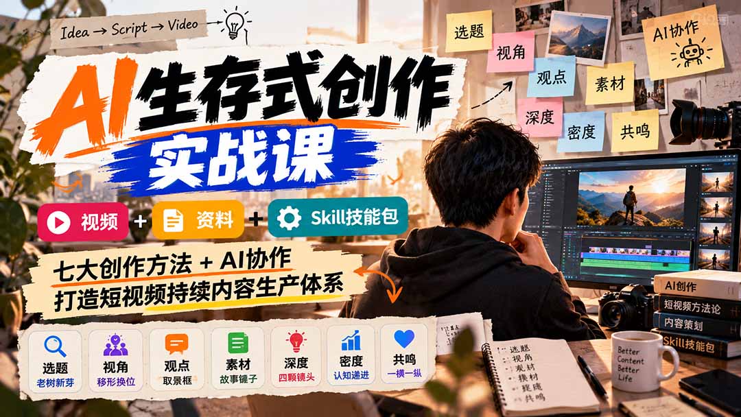 AI生存式创作实战课：视频+资料+Skill技能包，七大创作方法+AI协作，打造短视频持续内容生产体系网赚项目-副业赚钱-互联网创业-资源整合老八网赚资源