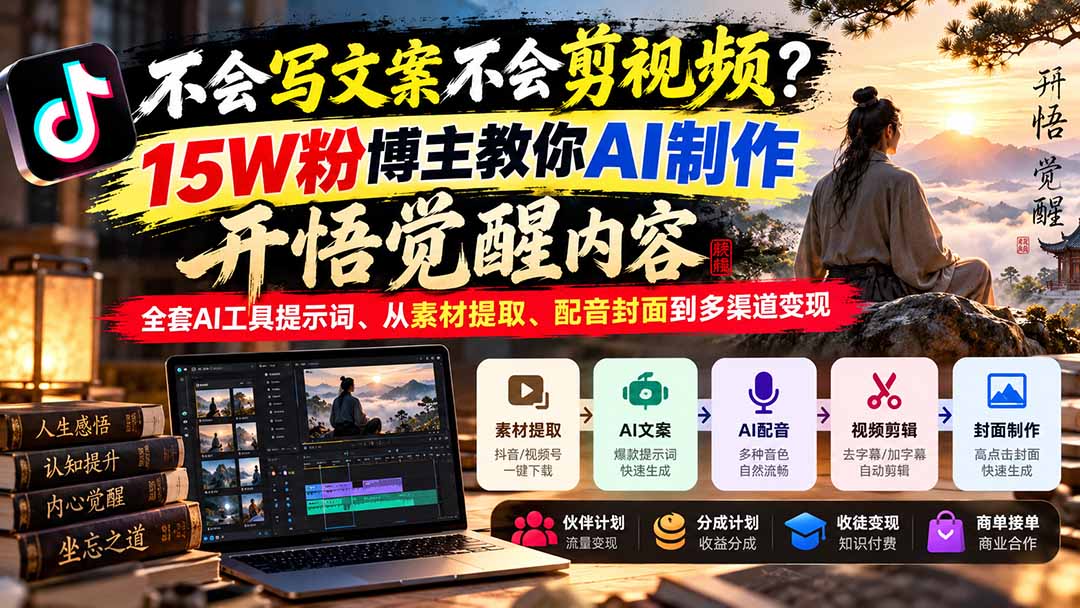 8ba348bb9e0cc0670dac20a75cb1f920.jpeg 不会写文案不会剪视频?15W粉博主教你AI制作开悟觉醒内容,全套AI工具提示词、从素材提取、配音封面到多渠道变现