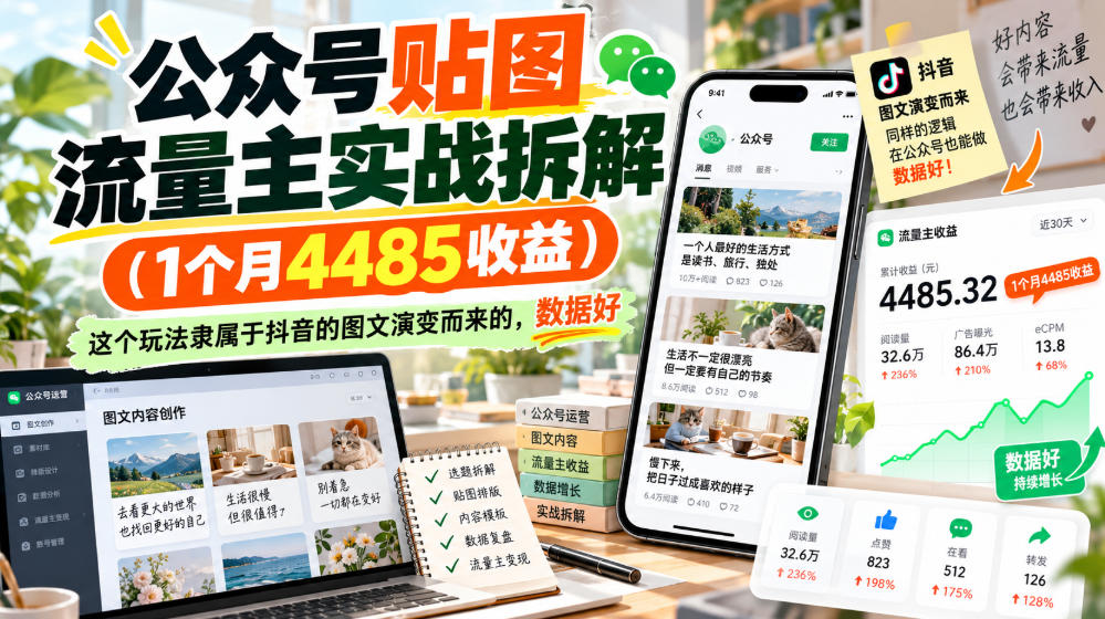 980a2141e5395445b2b56b1ba195b0cd.jpeg 公众号贴图流量主实战拆解(1个月4485收益),这个玩法隶属于抖音的图文演变而来的,数据好