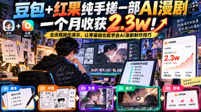 豆包+红果纯手搓一部AI漫剧一个月收获2.3w！全流程操作演示，让零基础也能学会AI漫剧制作技巧网赚项目-副业赚钱-互联网创业-资源整合老八网赚资源