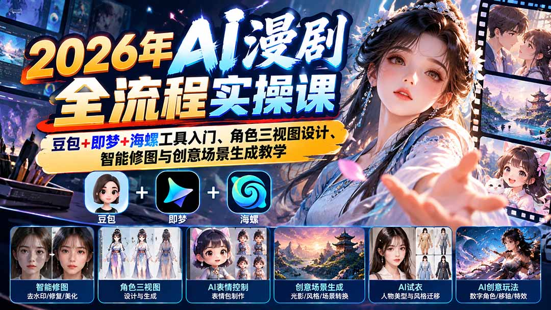 af75f5db366b8268ee0a181803ac2420.jpeg 2026年AI漫剧全流程实操课:豆包+即梦+海螺工具入门、角色三视图设计、智能修图与创意场景生成教学