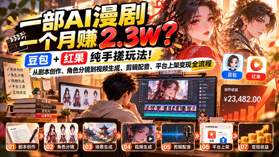 一部AI漫剧一个月赚2.3W？豆包+红果纯手搓玩法！从剧本创作、角色分镜到视频生成、剪辑配音、平台上架变现全流程网赚项目-副业赚钱-互联网创业-资源整合老八网赚资源