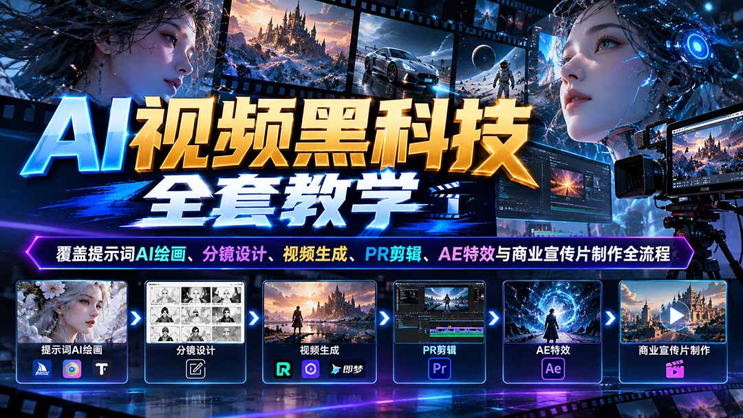 1a84c001ddbde4d5fba15fcb4658568b.jpeg AI视频黑科技全套教学:覆盖提示词AI绘画、分镜设计、视频生成、PR剪辑、AE特效与商业宣传片制作全流程