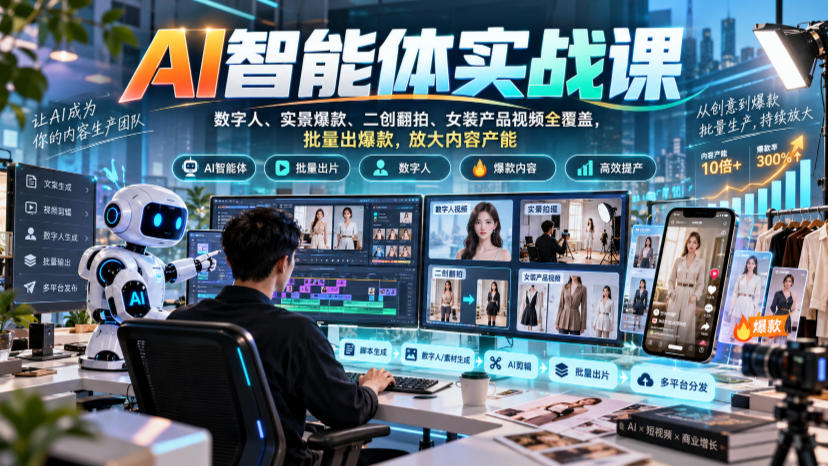 AI智能体实战课，数字人、实景爆款、二创翻拍、女装产品视频全覆盖，批量出爆款，放大内容产能网赚项目-副业赚钱-互联网创业-资源整合老八网赚资源