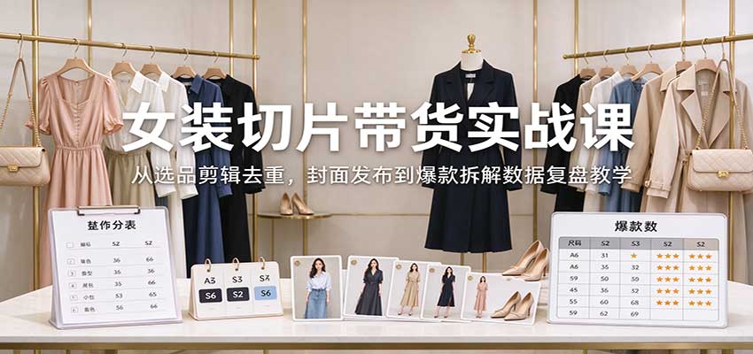 女装切片带货实战课：从选品剪辑去重，封面发布到爆款拆解数据复盘教学网赚项目-副业赚钱-互联网创业-资源整合老八网赚资源