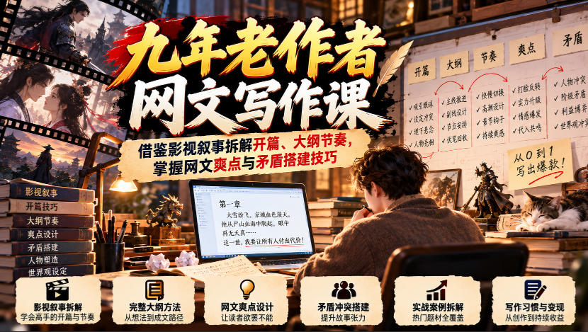 ad17dc722a549b861f652e4ddda53829.jpeg 九年老作者网文写作课:借鉴影视叙事拆解开篇、大纲节奏,掌握网文爽点与矛盾搭建技巧