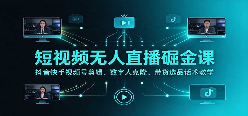 短视频无人直播掘金课：抖音快手视频号剪辑、数字人克隆、带货选品话术教学网赚项目-副业赚钱-互联网创业-资源整合老八网赚资源