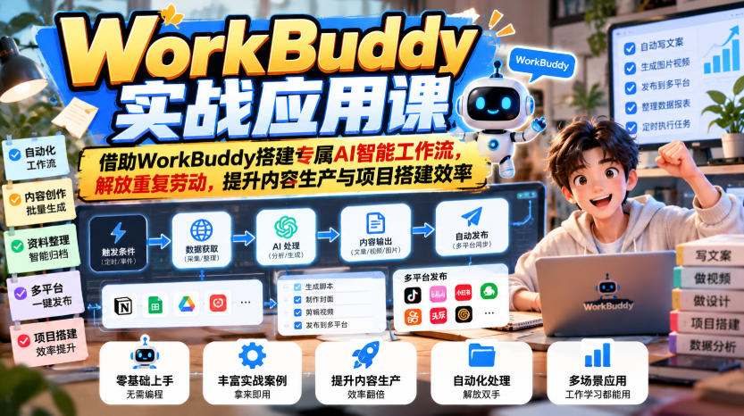 WorkBuddy实战应用课，借助WorkBuddy搭建专属AI智能工作流，解放重复劳动，提升内容生产与项目搭建效率网赚项目-副业赚钱-互联网创业-资源整合老八网赚资源