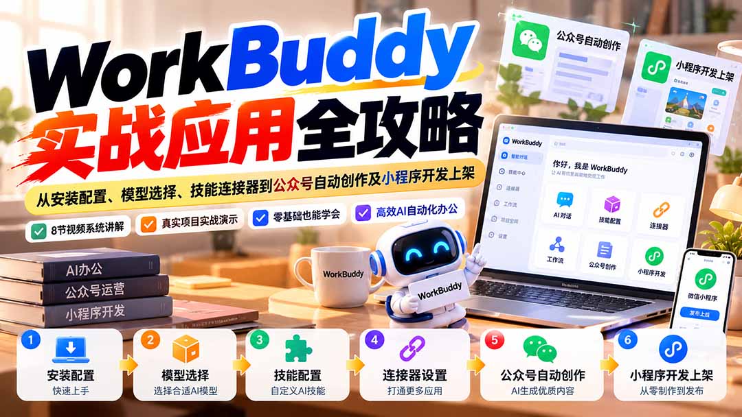 WorkBuddy 实战应用全攻略：从安装配置、模型选择、技能连接器到公众号自动创作及小程序开发上架网赚项目-副业赚钱-互联网创业-资源整合老八网赚资源