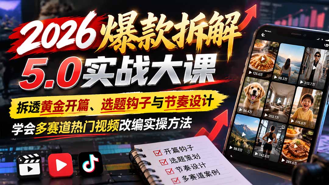 2026爆款拆解5.0实战大课：拆透黄金开篇、选题钩子与节奏设计，学会多赛道热门视频改编实操方法网赚项目-副业赚钱-互联网创业-资源整合老八网赚资源