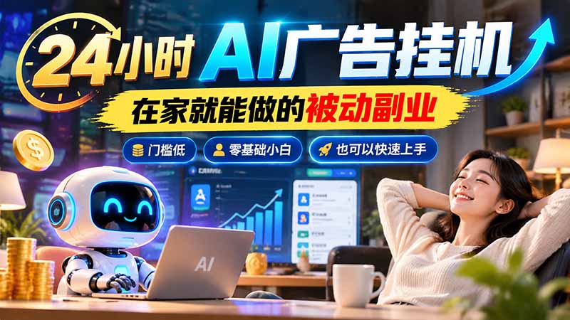 24小时AI广告挂机｜在家就能做的被动副业，门槛低，零基础小白也可以快速上手网赚项目-副业赚钱-互联网创业-资源整合老八网赚资源