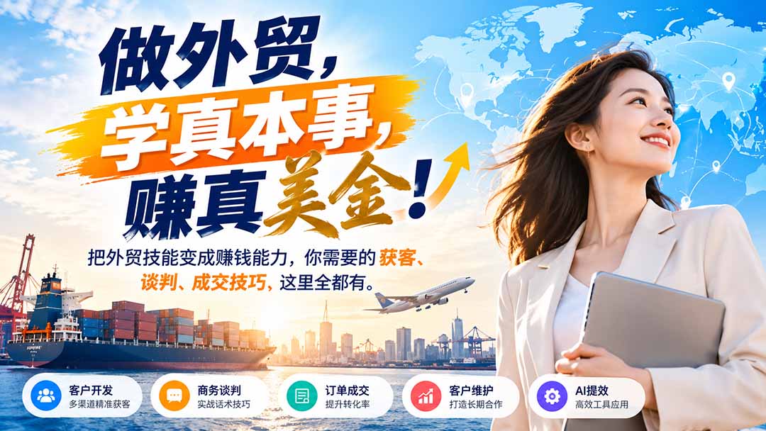 f4dfe5ee60613eab33c1f290759c1c0c.jpeg 做外贸,学真本事,赚真美金!把外贸技能变成赚钱能力,你需要的获客、谈判、成交技巧,这里全都有