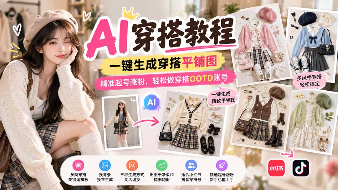 【无水印】AI穿搭教程｜一键生成穿搭平铺图，精准起号涨粉，轻松做穿搭OOTD账号网赚项目-副业赚钱-互联网创业-资源整合老八网赚资源