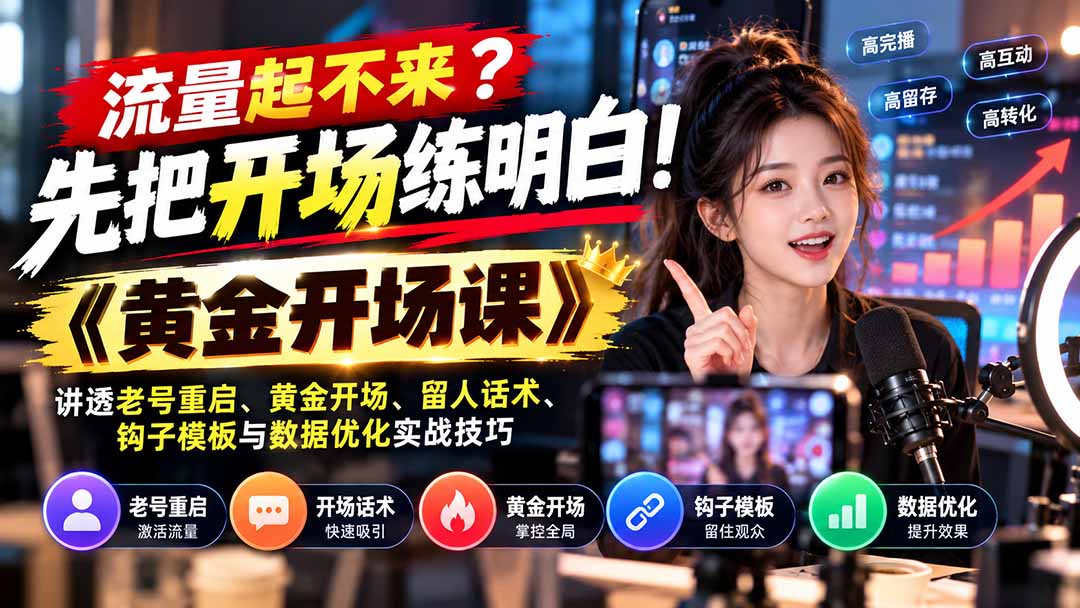 03a02e3fe7e555d0c2d4782d21b6becf.jpeg 流量起不来?先把开场练明白!《黄金开场课》讲透老号重启、黄金开场、留人话术、钩子模板与数据优化实战技巧