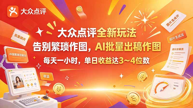 大众点评全新玩法，不用繁琐作图，AI 批量出稿作图，每天一小时，单日收益达 3～4 位数网赚项目-副业赚钱-互联网创业-资源整合老八网赚资源