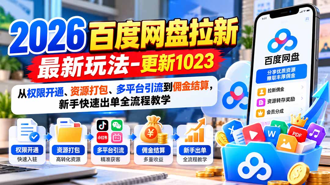 2026百度网盘拉新最新玩法-更新1023：从权限开通、资源打包、多平台引流到佣金结算，新手快速出单全流程教学