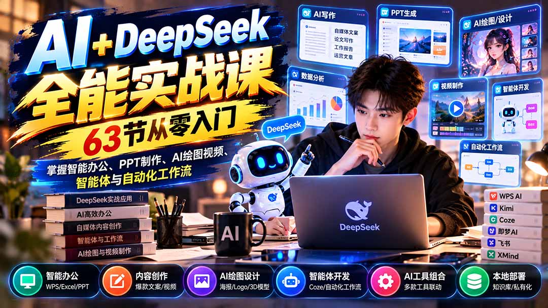 AI+DeepSeek全能实战课：63节从零入门，掌握智能办公、PPT制作、AI绘图视频、智能体与自动化工作流网赚项目-副业赚钱-互联网创业-资源整合老八网赚资源