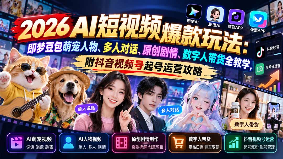 cca3c10958d1f095422225a25282afad.jpeg 2026AI短视频爆款玩法:即梦豆包萌宠人物、多人对话、原创剧情、数字人带货全教学,附抖音视频号起号运营攻略