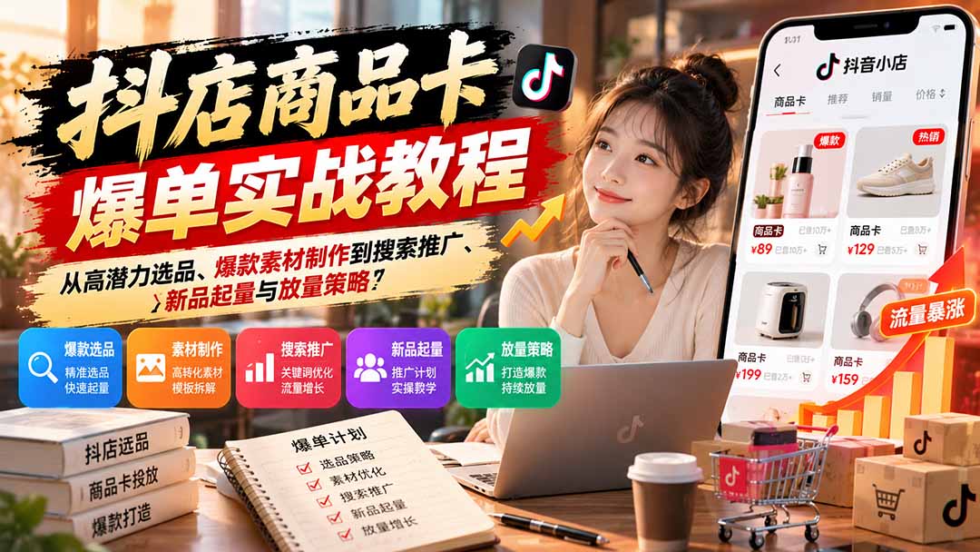 抖店商品卡爆单实战教程：从高潜力选品、爆款素材制作到搜索推广、新品起量与放量策略网赚项目-副业赚钱-互联网创业-资源整合老八网赚资源