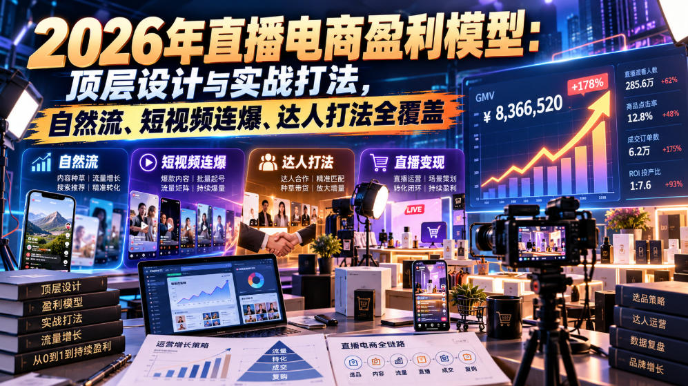 0b16fb0adc6421ccfd029f4dbe46b86d.jpeg 2026年直播电商盈利模型:顶层设计与实战打法,自然流、短视频连爆、达人打法全覆盖