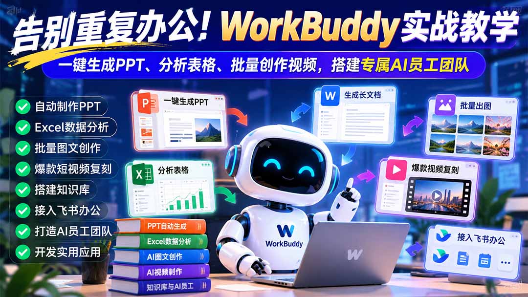 告别重复办公！WorkBuddy实战教学：一键生成PPT、分析表格、批量创作视频，搭建专属AI员工团队网赚项目-副业赚钱-互联网创业-资源整合老八网赚资源