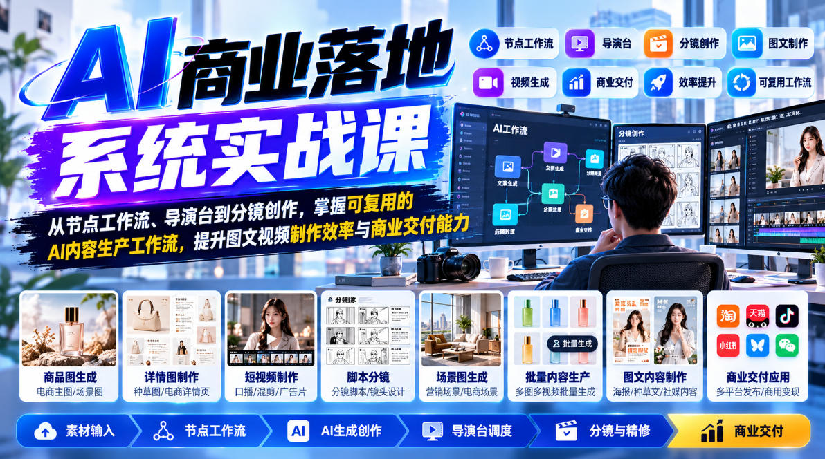 【无水印】AI商业落地系统实战课，从节点工作流、导演台到分镜创作，掌握可复用的AI内容生产工作流，提升图文视频制作效率与商业交付能力网赚项目-副业赚钱-互联网创业-资源整合老八网赚资源