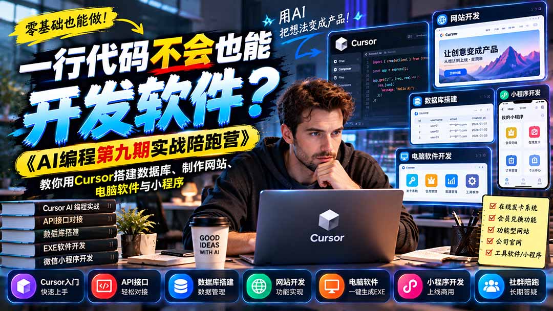 一行代码不会也能开发软件？《AI编程第九期实战陪跑营》教你用Cursor搭建数据库、制作网站、电脑软件与小程序